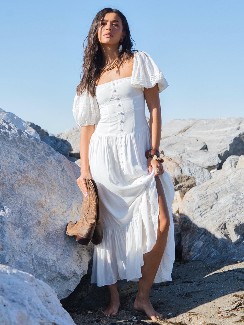 Norma Kamali White Midi Button-Front Puff Sleeve Dress - Picture 4 of 8